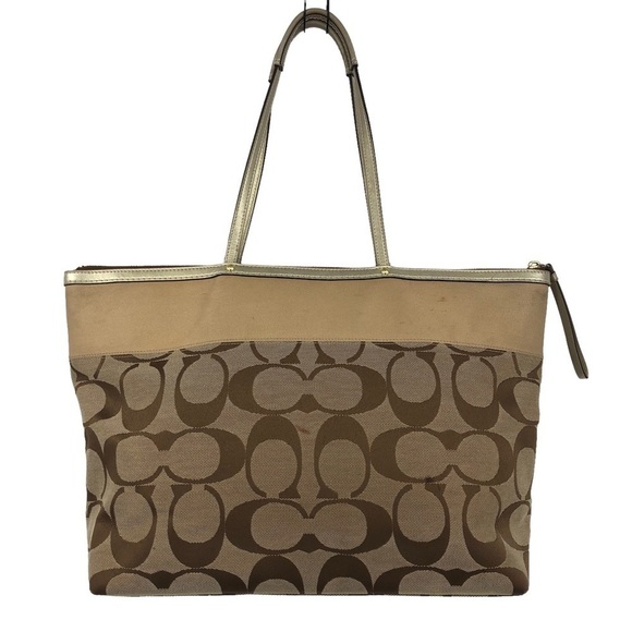 Coach Zippered East West Tote Bag Signature C Print Brown /Tan Gold Leather Trim - Picture 2 of 10